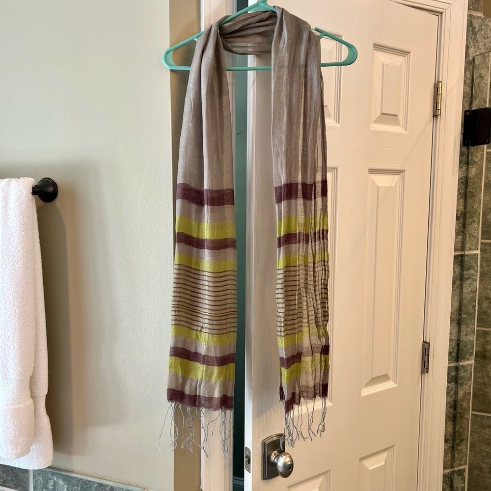 Taupe, purple and green light scarf with fringe